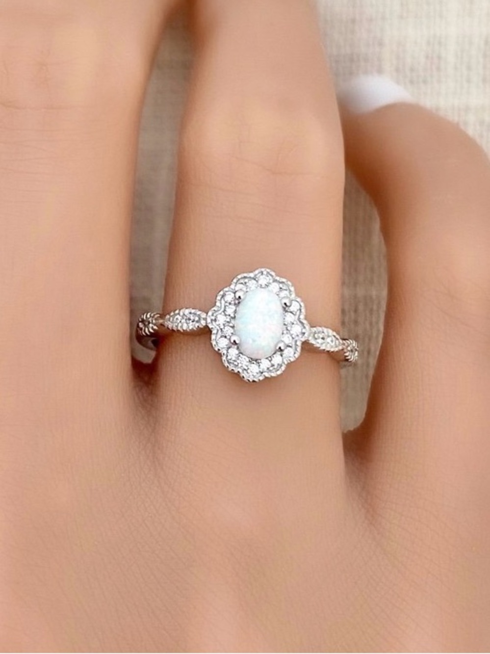 Oval White Opal 925 Sterling Silver Halo CZ Dainty Vintage Women’s Ring